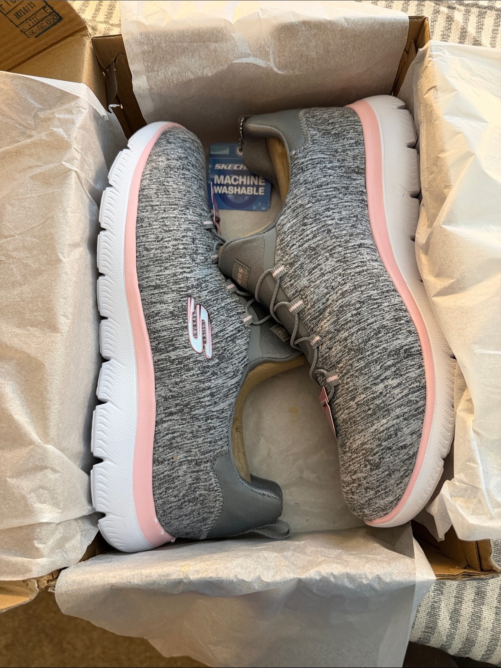 Skechers Gray and Pink Slip-On Knit Sneakers